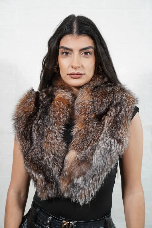 Fox fur collar crystal detachable full skin women — front view worn as collar, TatiFurs
