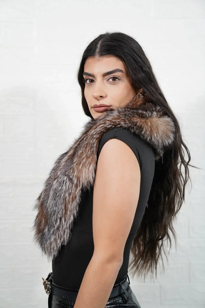 Fox fur collar crystal close-up texture showing full skin crystal fox pile depth and natural warm brown to cool silver tonal variation — Greek craftsmanship, TatiFurs
