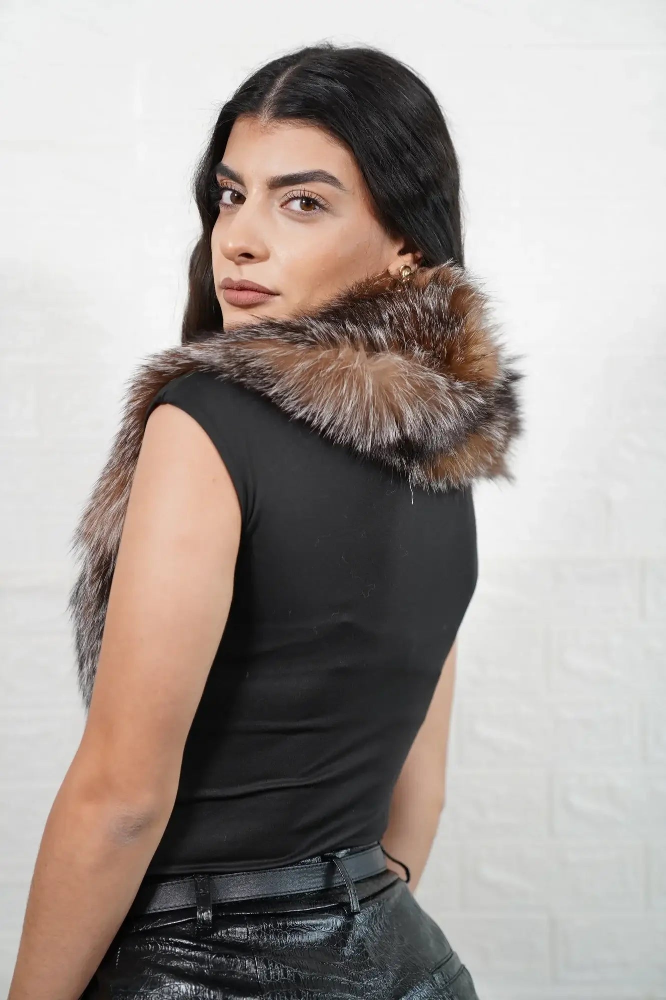 Fox fur collar crystal secure clasp detail showing clean clasp closure on full skin natural crystal fox fur collar — Greek craftsmanship, TatiFurs
