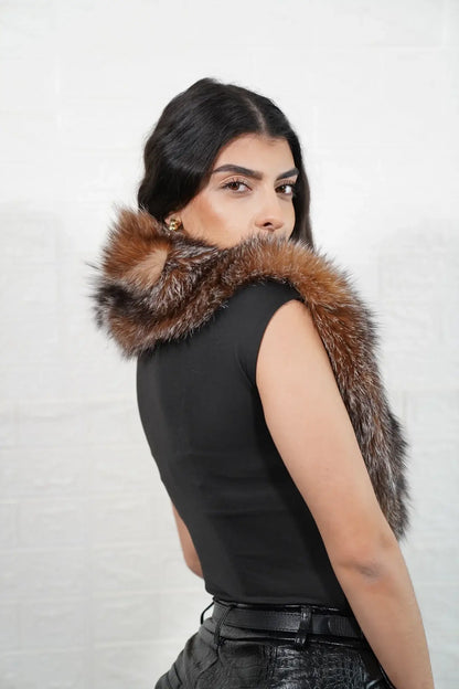 Fox fur collar crystal worn as scarf showing full skin crystal fox fur wrapped and draped with natural brown silver luminous depth — Greek craftsmanship, TatiFurs
