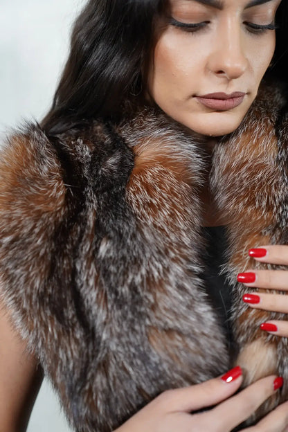 Fox fur collar crystal displaying natural brown silver variation full skin fox fur worn as detachable collar — Greek craftsmanship, TatiFurs
