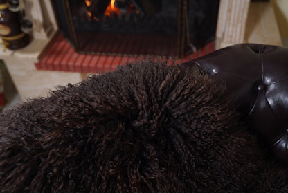 Mongolian Blanket Throw Dark Brown — Wool Sheepskin Full Skin close-up texture of the long curly deep espresso dark brown Mongolian lamb wool pile — Greek craftsmanship, TatiFurs