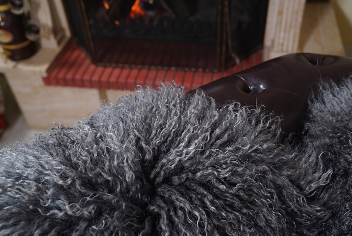 Mongolian Blanket Throw Gray — Wool Sheepskin Full Skin close-up texture of the long curly charcoal grey Mongolian lamb wool pile — Greek craftsmanship, TatiFurs