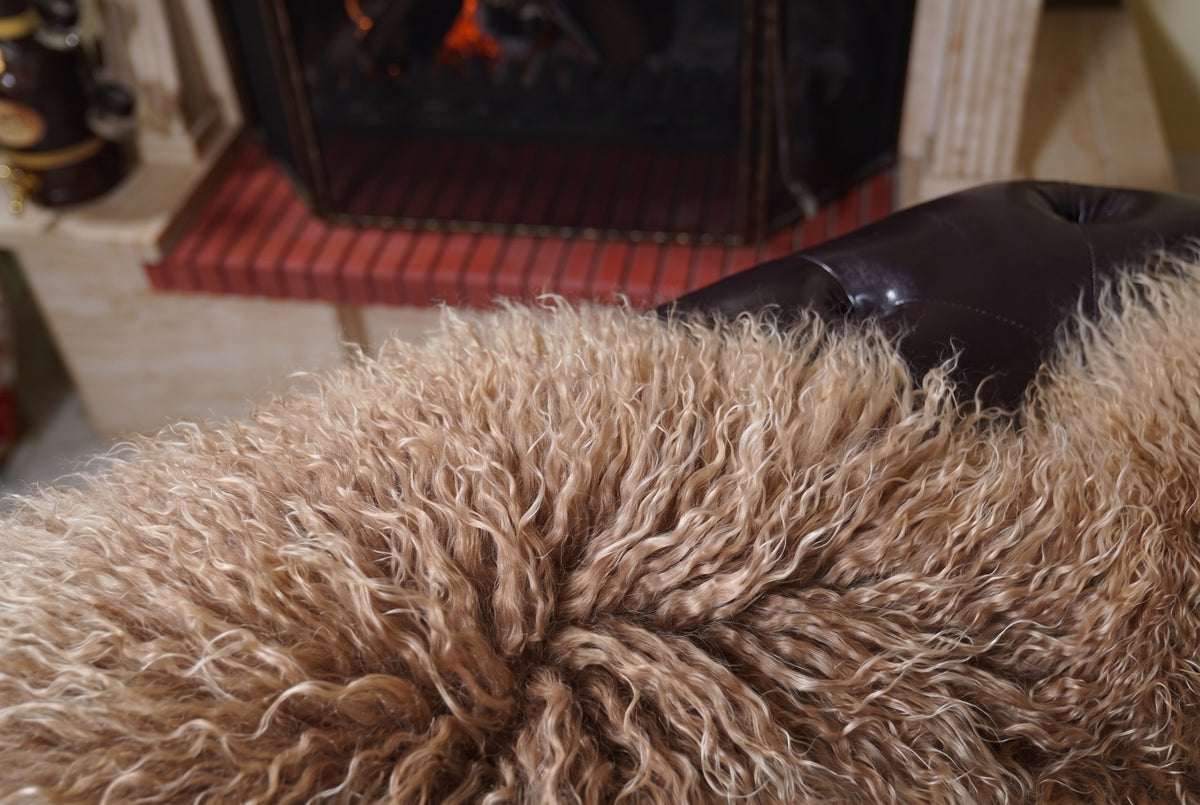 Mongolian Blanket Throw Light Brown — Wool Sheepskin Full Skin close-up texture of the long curly milky caramel light brown Mongolian lamb wool pile — Greek craftsmanship, TatiFurs