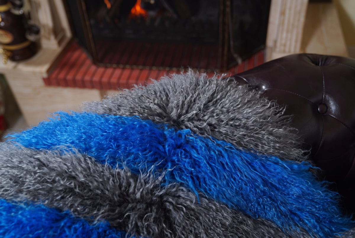 Mongolian Blanket Throw Grey Blue Striped — Wool Sheepskin close-up texture of the long curly charcoal grey and cobalt blue Mongolian lamb wool pile — Greek craftsmanship, TatiFurs