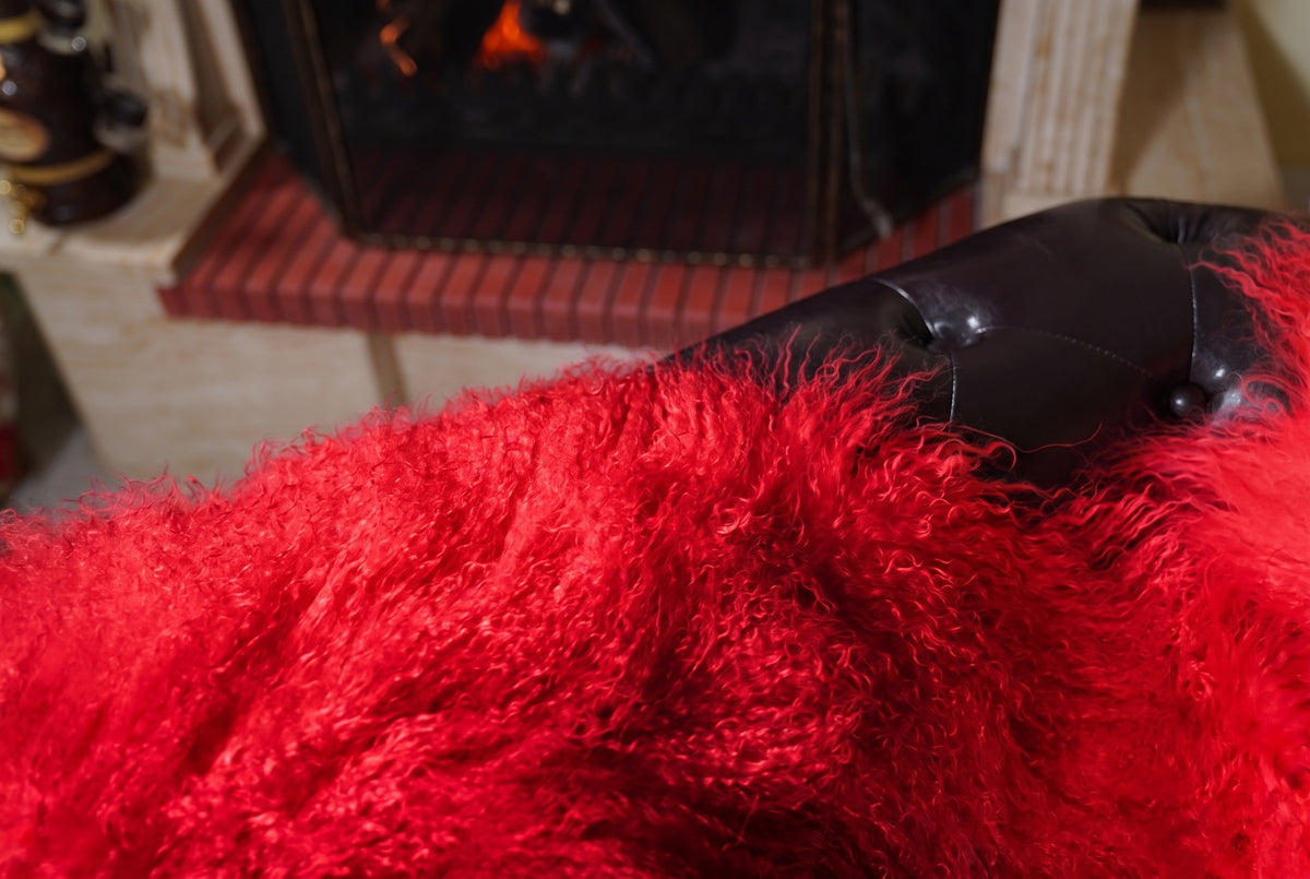 Mongolian Blanket Throw Red — Wool Sheepskin Full Skin close-up texture of the long curly vivid scarlet red Mongolian lamb wool pile — Greek craftsmanship, TatiFurs