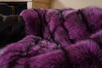 Fox Fur Blanket Throw Purple Silver — Full Skin Saga Furs close-up of the dense purple-tipped silver fox fur texture at the edge of the armchair — Saga Furs quality, TatiFurs