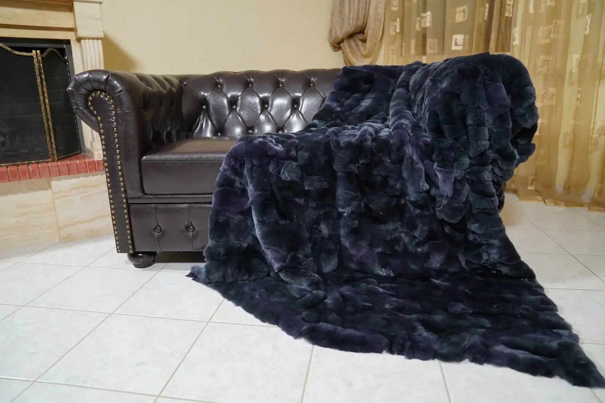 rex rabbit fur throw blanket dark blue — patchwork panels, velvet cotton backing, full surface view — Greek craftsmanship, TatiFurs
