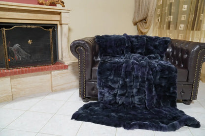 rex rabbit fur throw blanket dark blue — dense velvety rex rabbit pile, close-up texture detail — Greek craftsmanship, TatiFurs
