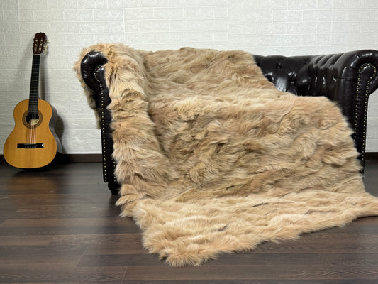 Real Beige Fox Fur Blanket Throw • Housewarming Gift Sofa Cover n Bedspread •  Handmade Genuine Fur