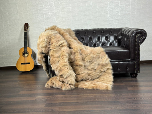 Real Beige Fox Fur Blanket Throw • Housewarming Gift Sofa Cover n Bedspread •  Handmade Genuine Fur