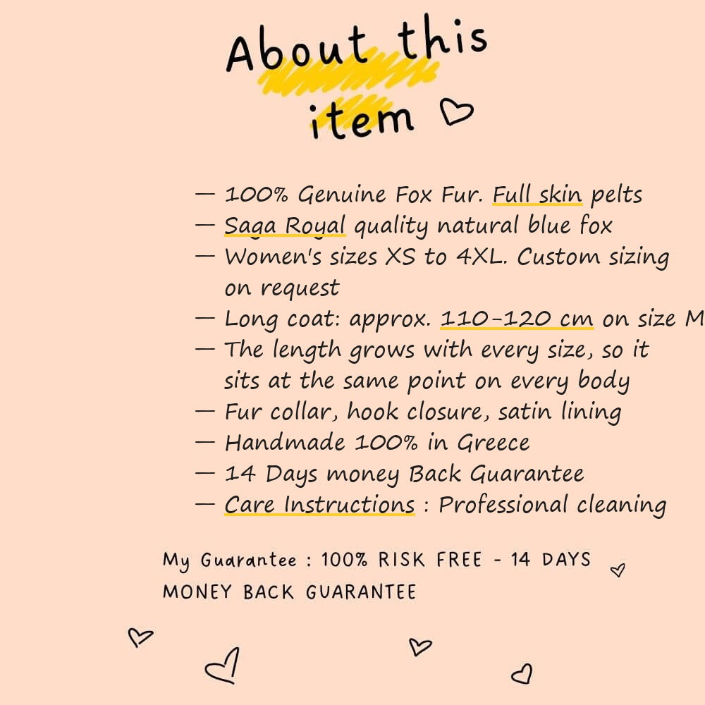 About this item card for fox fur coat long blue natural — Saga Royal full skin, sizes XS to 4XL, approx. 110-120 cm on size M, length grows with every size, TatiFurs