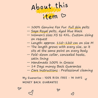 About this item card for fox fur coat long blue black — Saga Royal full skin, sizes XS to 4XL, approx. 110-120 cm on size M, length grows with every size, TatiFurs