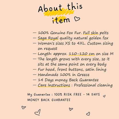 About this item card for fox fur coat long golden natural — Saga Royal full skin, sizes XS to 4XL, approx. 110-120 cm on size M, length grows with every size, fur hood, buttons, TatiFurs