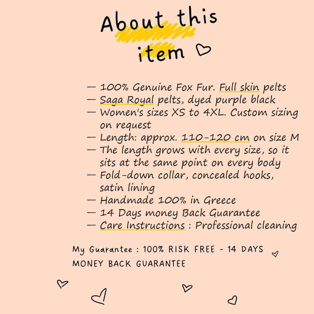 About this item card for fox fur coat long purple black — Saga Royal full skin, sizes XS to 4XL, approx. 110-120 cm on size M, length grows with every size, TatiFurs