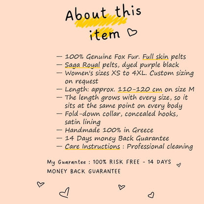 About this item card for fox fur coat long purple black — Saga Royal full skin, sizes XS to 4XL, approx. 110-120 cm on size M, length grows with every size, TatiFurs