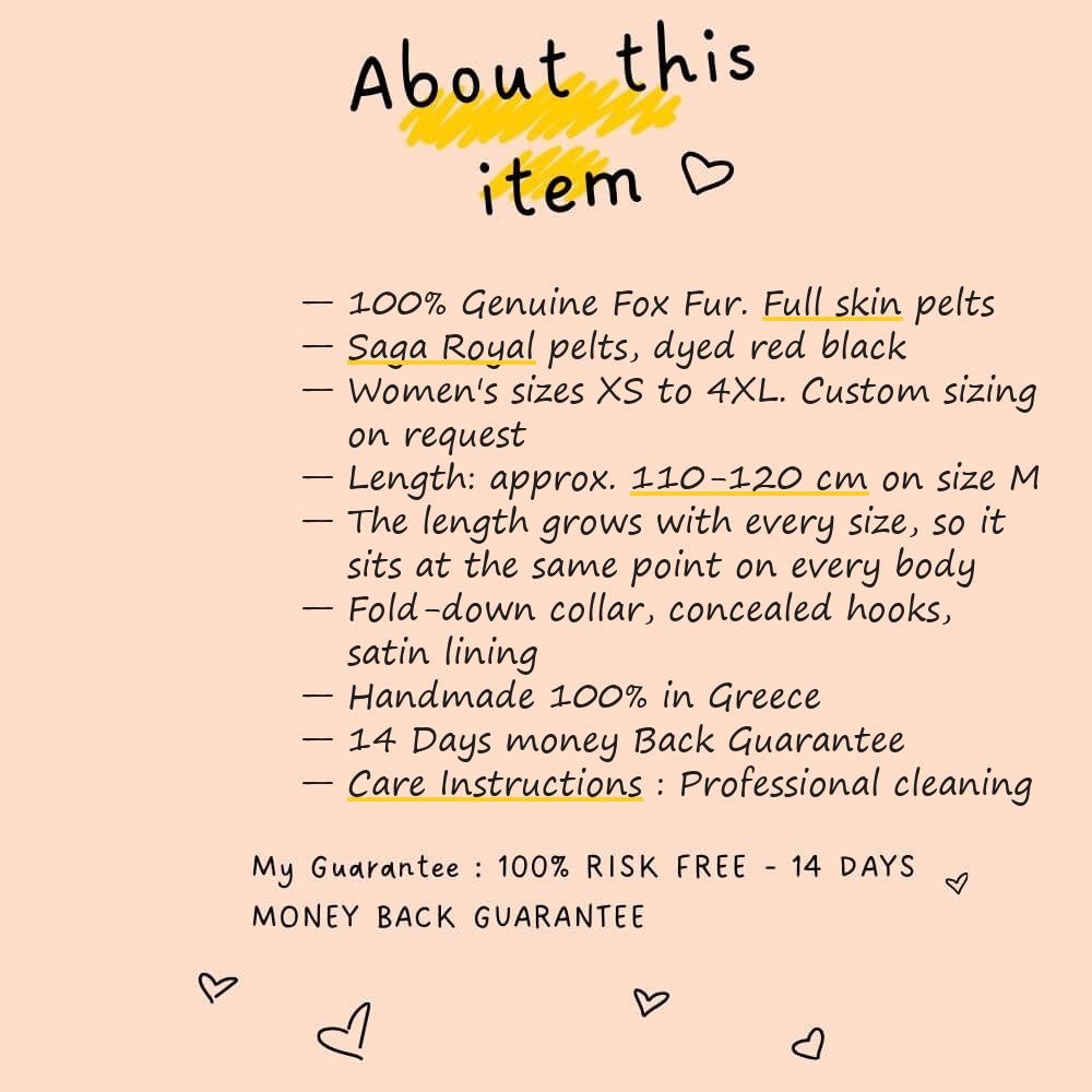 About this item card for fox fur coat long red black — Saga Royal full skin, sizes XS to 4XL, approx. 110-120 cm on size M, length grows with every size, TatiFurs