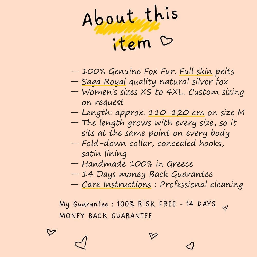 About this item card for fox fur coat long silver natural — Saga Royal full skin, sizes XS to 4XL, approx. 110-120 cm on size M, length grows with every size, TatiFurs