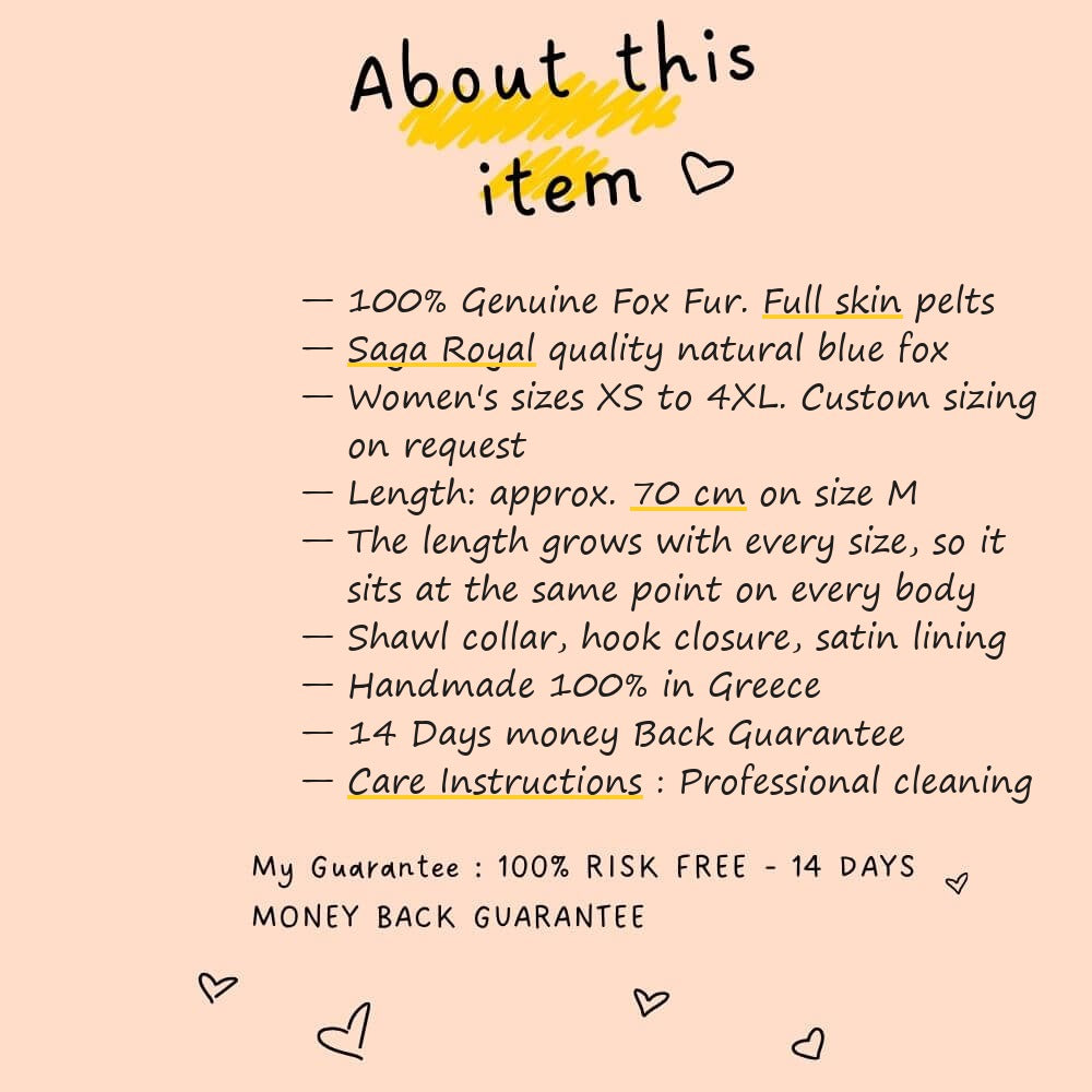 About this item card for fox fur jacket blue natural — Saga Royal full skin, sizes XS to 4XL, approx. 70 cm on size M, length grows with every size, TatiFurs