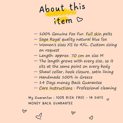 About this item card for fox fur jacket blue natural — Saga Royal full skin, sizes XS to 4XL, approx. 70 cm on size M, length grows with every size, TatiFurs