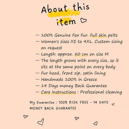 About this item card for fox fur jacket silver natural — full skin, sizes XS to 4XL, approx. 80 cm on size M, length grows with every size, TatiFurs