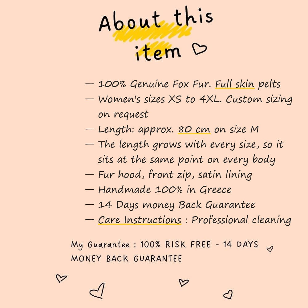About this item card for fox fur jacket purple black — full skin, sizes XS to 4XL, approx. 80 cm on size M, length grows with every size, TatiFurs