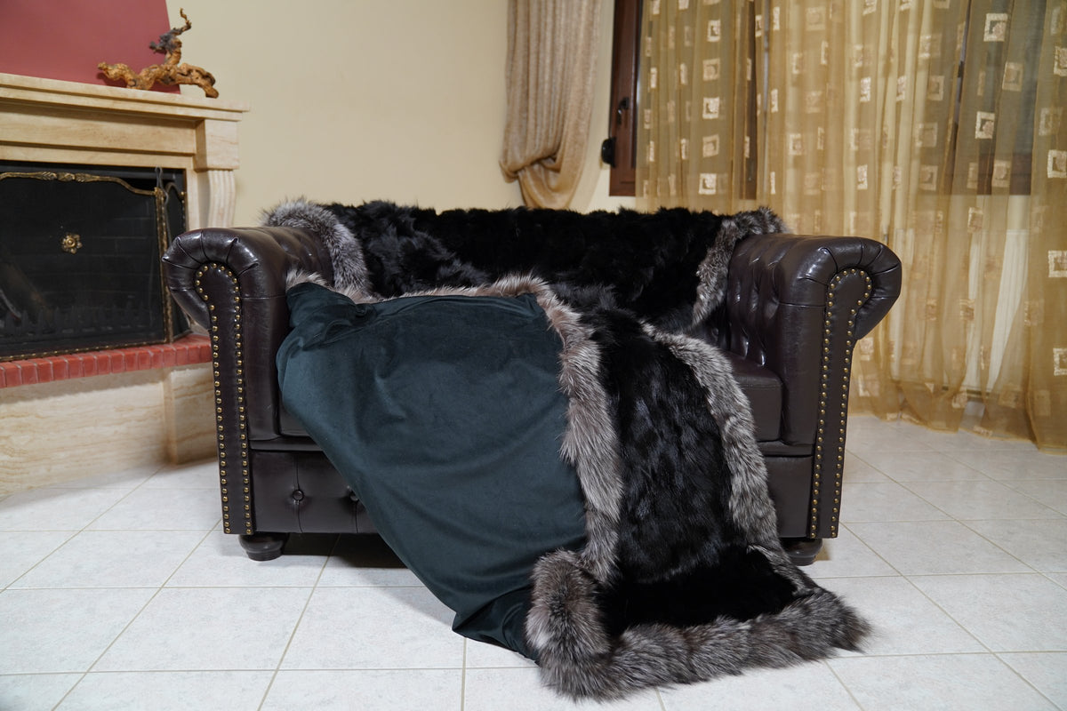 fox fur blanket throw black silver borders — folded back to show the soft velvet cotton backing — TatiFurs