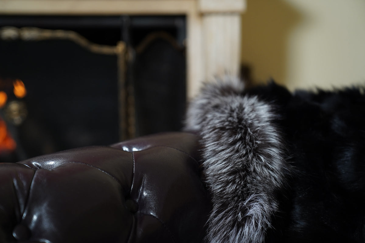 fox fur blanket throw black silver borders — close-up of the silver fox border texture against black fox — TatiFurs