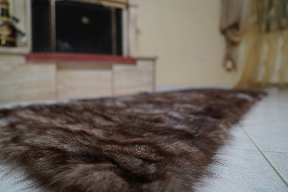 fox fur blanket throw double sided crystal natural striped — laid flat on the floor as a long fur runner rug — TatiFurs