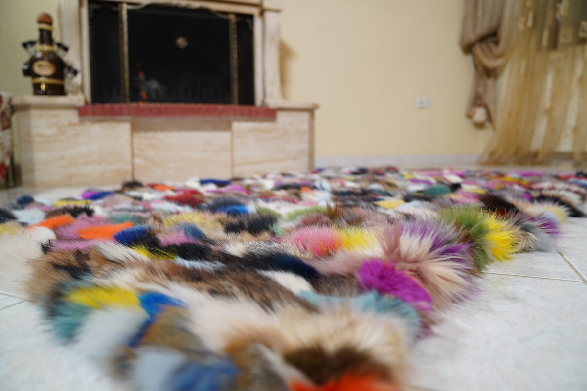 fox fur blanket throw double sided colorful — laid flat on the floor as a fur rug, multicolour fox pile — TatiFurs