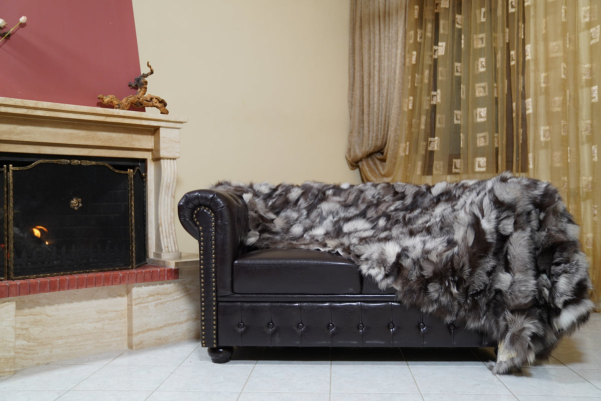 fox fur blanket throw frost natural — laid across the leather sofa by the fireplace — TatiFurs
