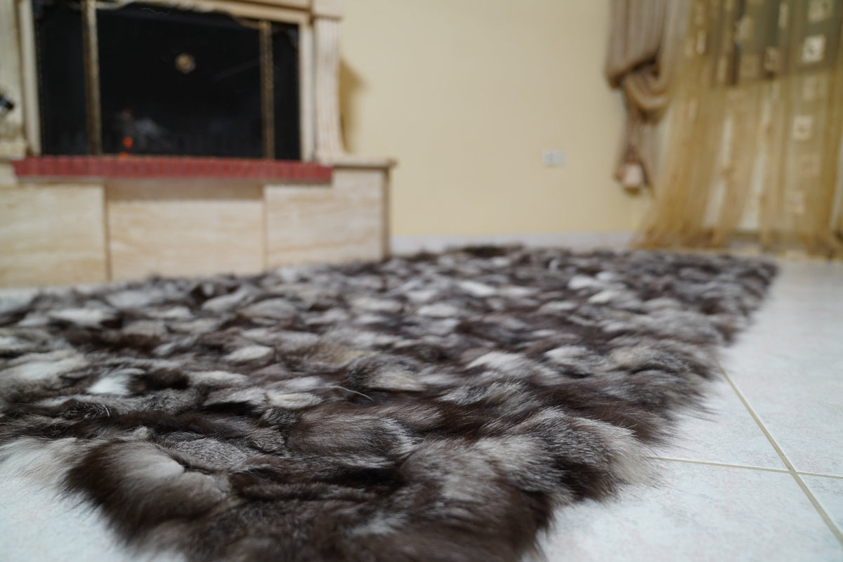 fox fur blanket throw double sided frost natural — laid flat on the floor as a fur rug, natural frost fox pile — TatiFurs
