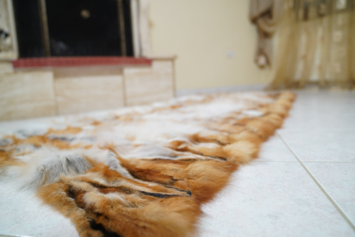 fox fur blanket throw double sided red canadian striped — laid flat on the floor as a long fur runner rug — TatiFurs