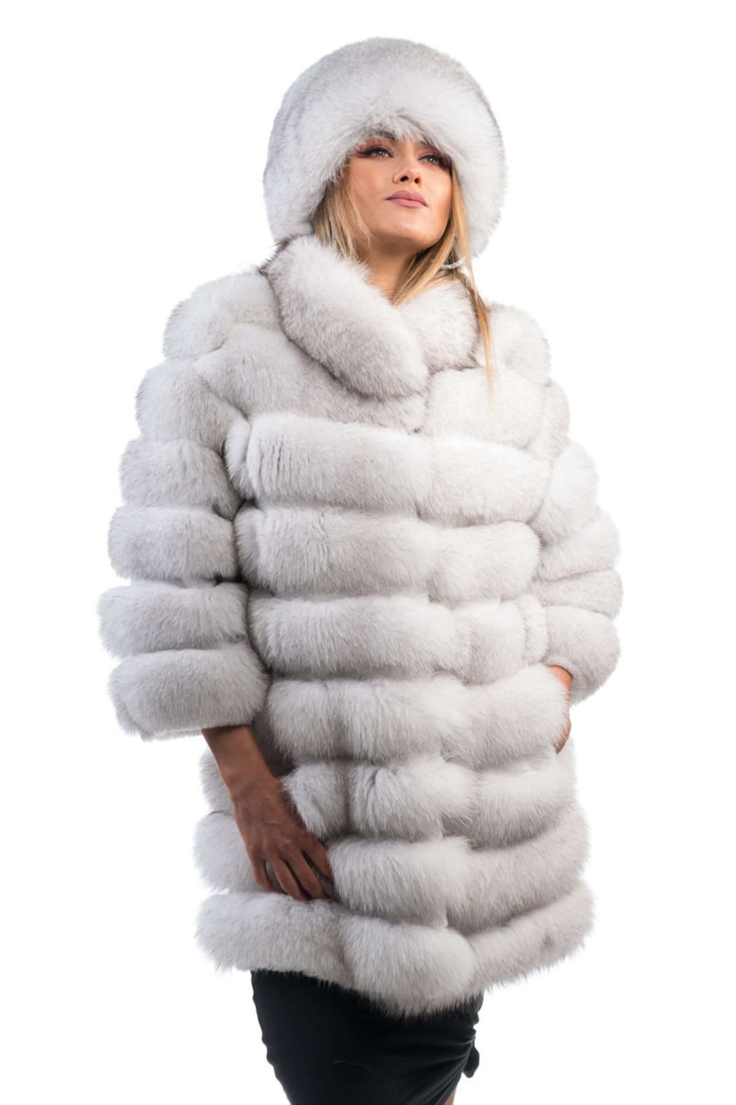 Fox Fur Hat Natural Blue - Tatifurs model wearing luxurious fur coat with matching hat, showcasing elegance and warmth.