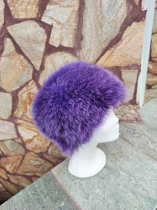 Elegant Real Fox Fur Hat Purple Full Skin - Handcrafted Elegance for Winter Chic - Ethically and Organically Farmed Fox Fur