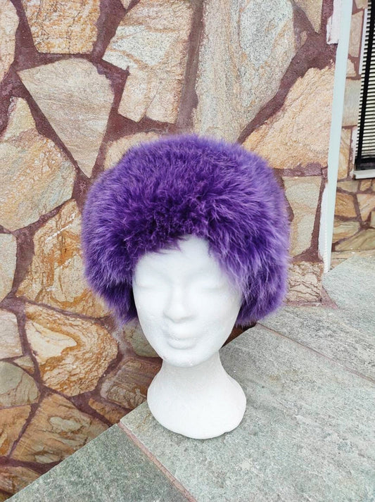 Elegant Real Fox Fur Hat Purple Full Skin - Handcrafted Elegance for Winter Chic - Ethically and Organically Farmed Fox Fur