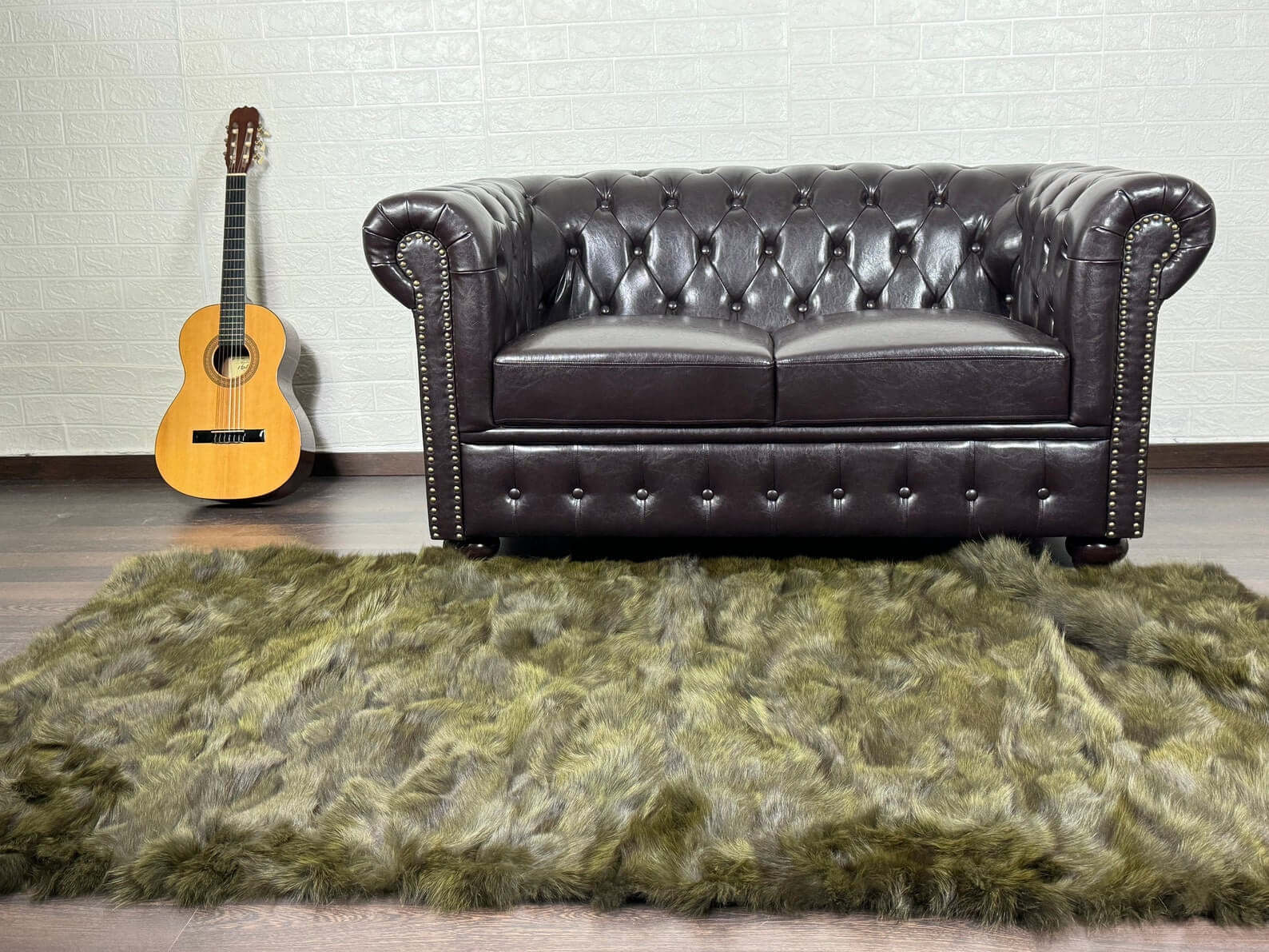 Fox Fur Blanket Throw Green - Tatifurs placed elegantly in a stylish living room setting.