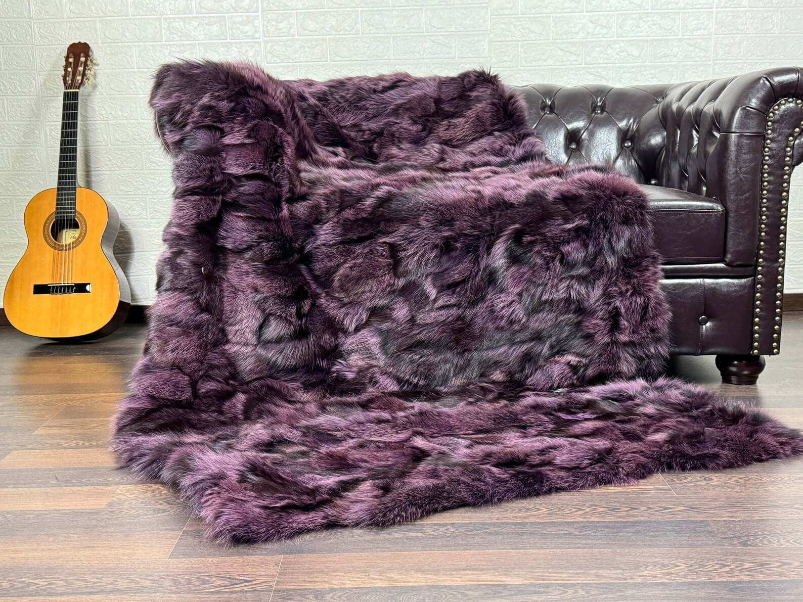 Purple with black details fox fur throw blanket — front view, TatiFurs

