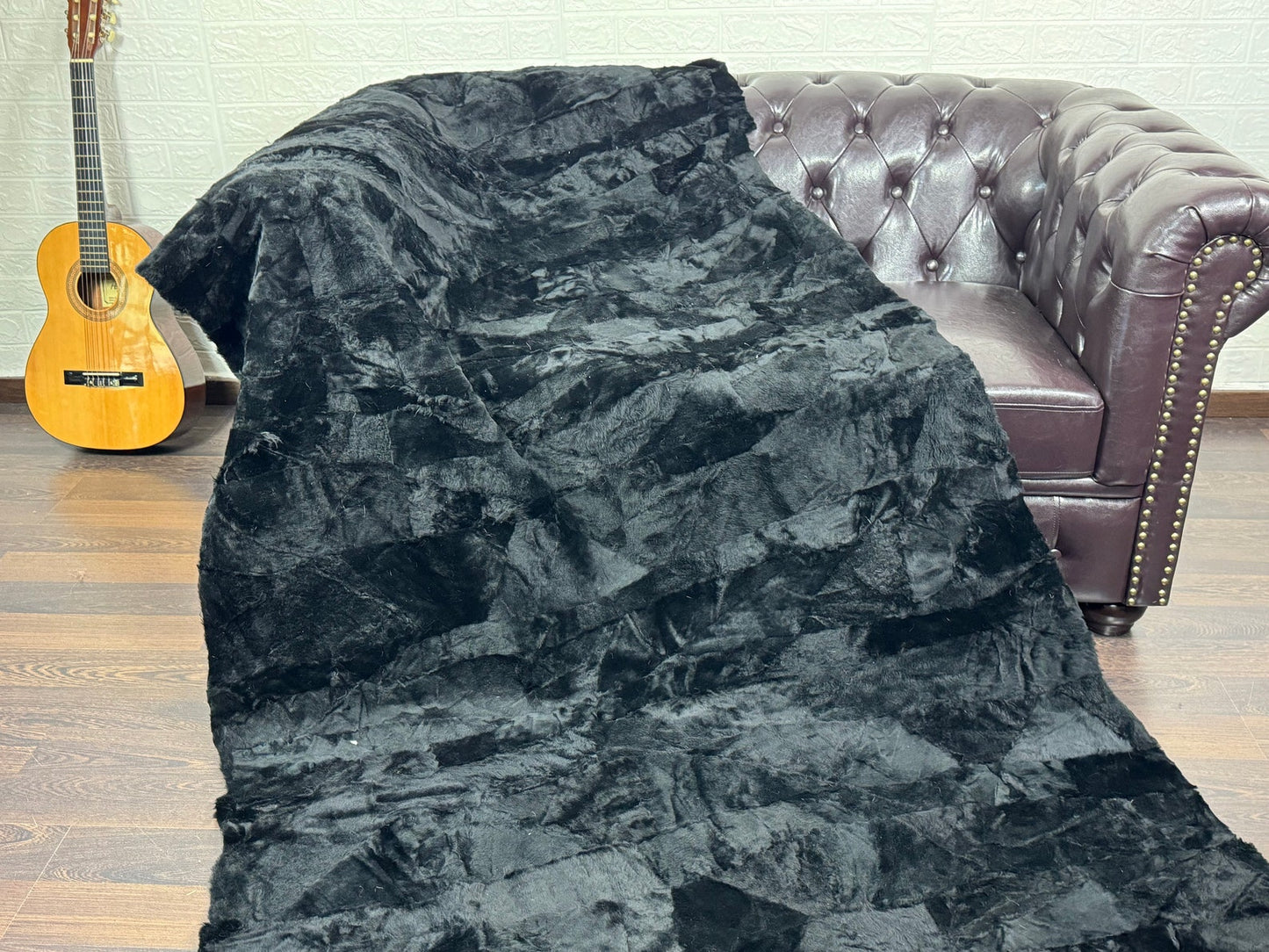 Black Real Sheepskin Fur Throw Blanket Lamb Wool