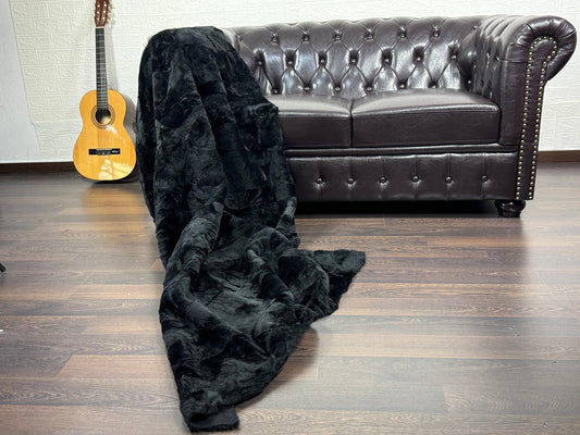 Black Real Sheepskin Fur Throw Blanket Lamb Wool