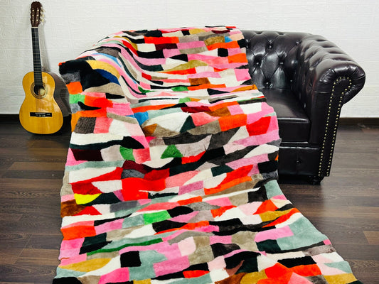 Colorful Real Sheepskin Fur Throw Blanket Lamb Wool