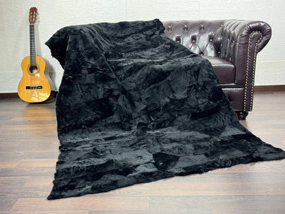 Black Real Sheepskin Fur Throw Blanket Lamb Wool