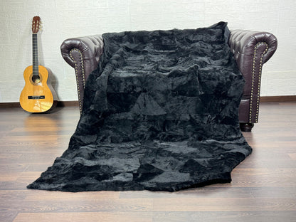 Black Real Sheepskin Fur Throw Blanket Lamb Wool