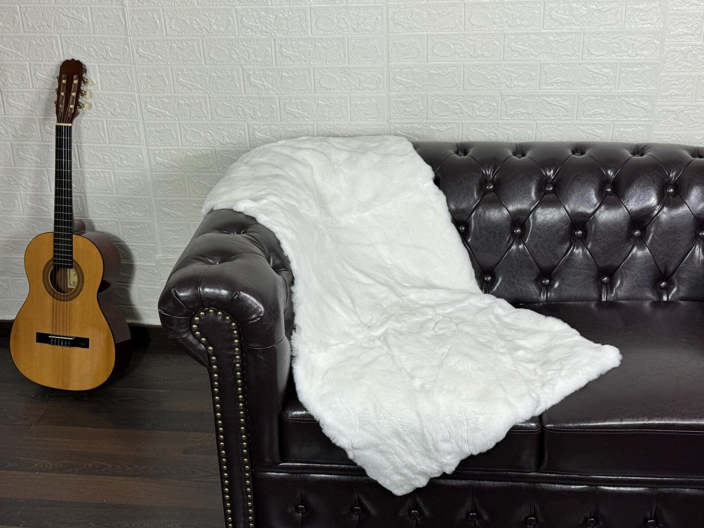 Real Full Skin Pelt Rex Rabbit White Color Fur Blanket Throw • Housewarming Gift Sofa Cover n Bedspread •  Handmade Genuine Fur