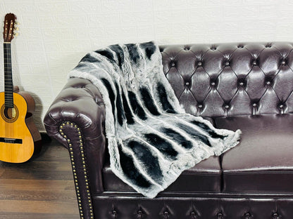 Real Full Skin Pelt Rex Rabbit Gray Black Color Fur Blanket Throw • Housewarming Gift Sofa Cover n Bedspread •  Handmade Genuine Fur
