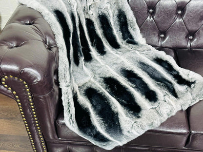 Real Full Skin Pelt Rex Rabbit Gray Black Color Fur Blanket Throw • Housewarming Gift Sofa Cover n Bedspread •  Handmade Genuine Fur