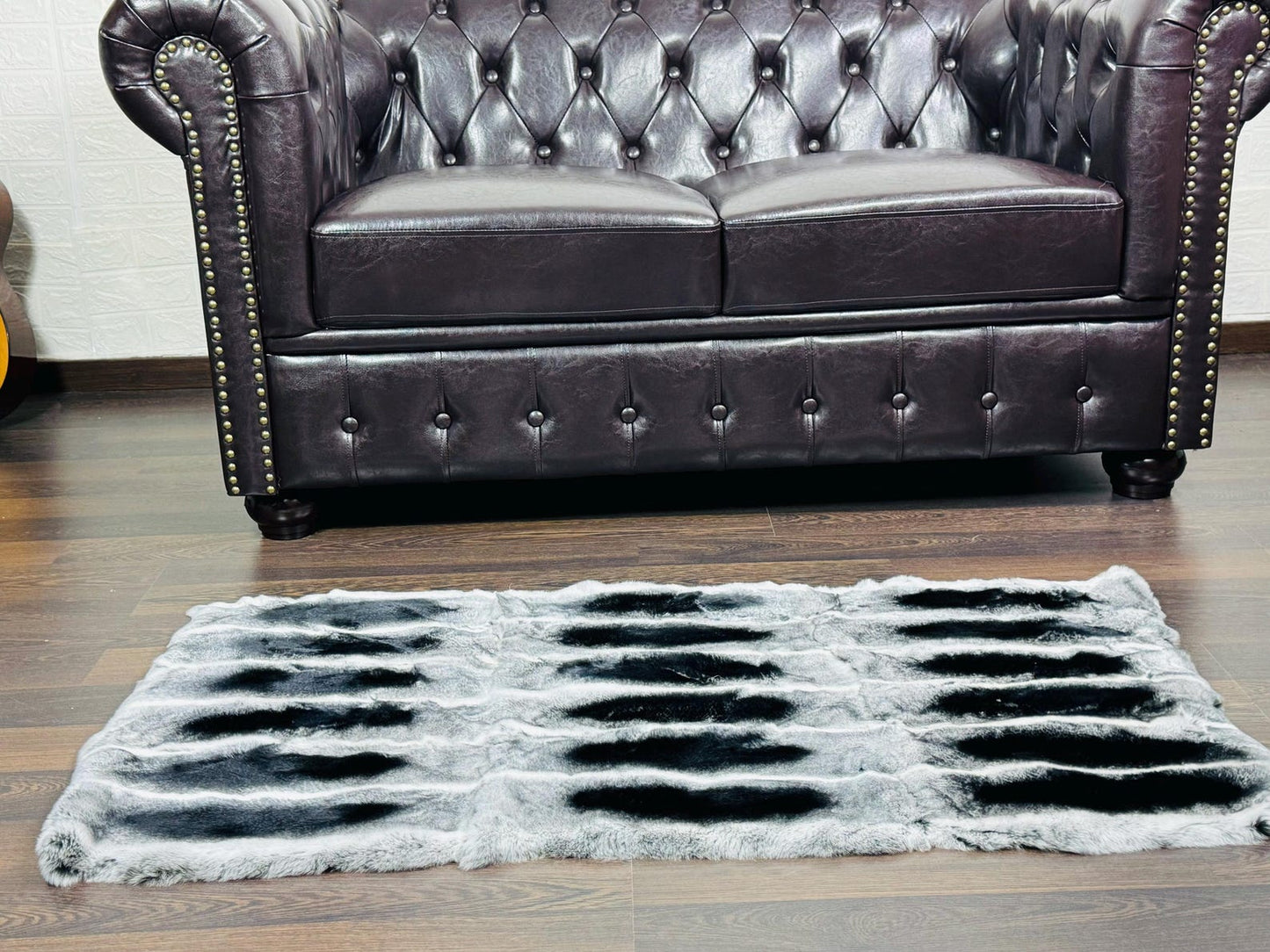 Real Full Skin Pelt Rex Rabbit Gray Black Color Fur Blanket Throw • Housewarming Gift Sofa Cover n Bedspread •  Handmade Genuine Fur