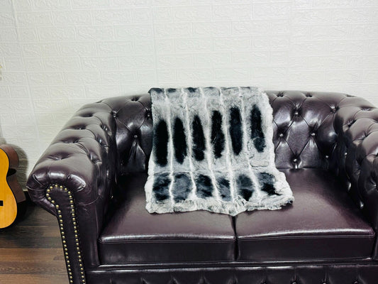 Real Full Skin Pelt Rex Rabbit Gray Black Color Fur Blanket Throw • Housewarming Gift Sofa Cover n Bedspread •  Handmade Genuine Fur