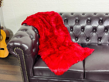 Real Full Skin Pelt Rex Rabbit Red Color Fur Blanket Throw • Housewarming Gift Sofa Cover n Bedspread •  Handmade Genuine Fur
