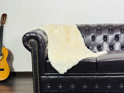 Real Full Skin Pelt Rex Rabbit Beige Color Fur Blanket Throw • Housewarming Gift Sofa Cover n Bedspread •  Handmade Genuine Fur
